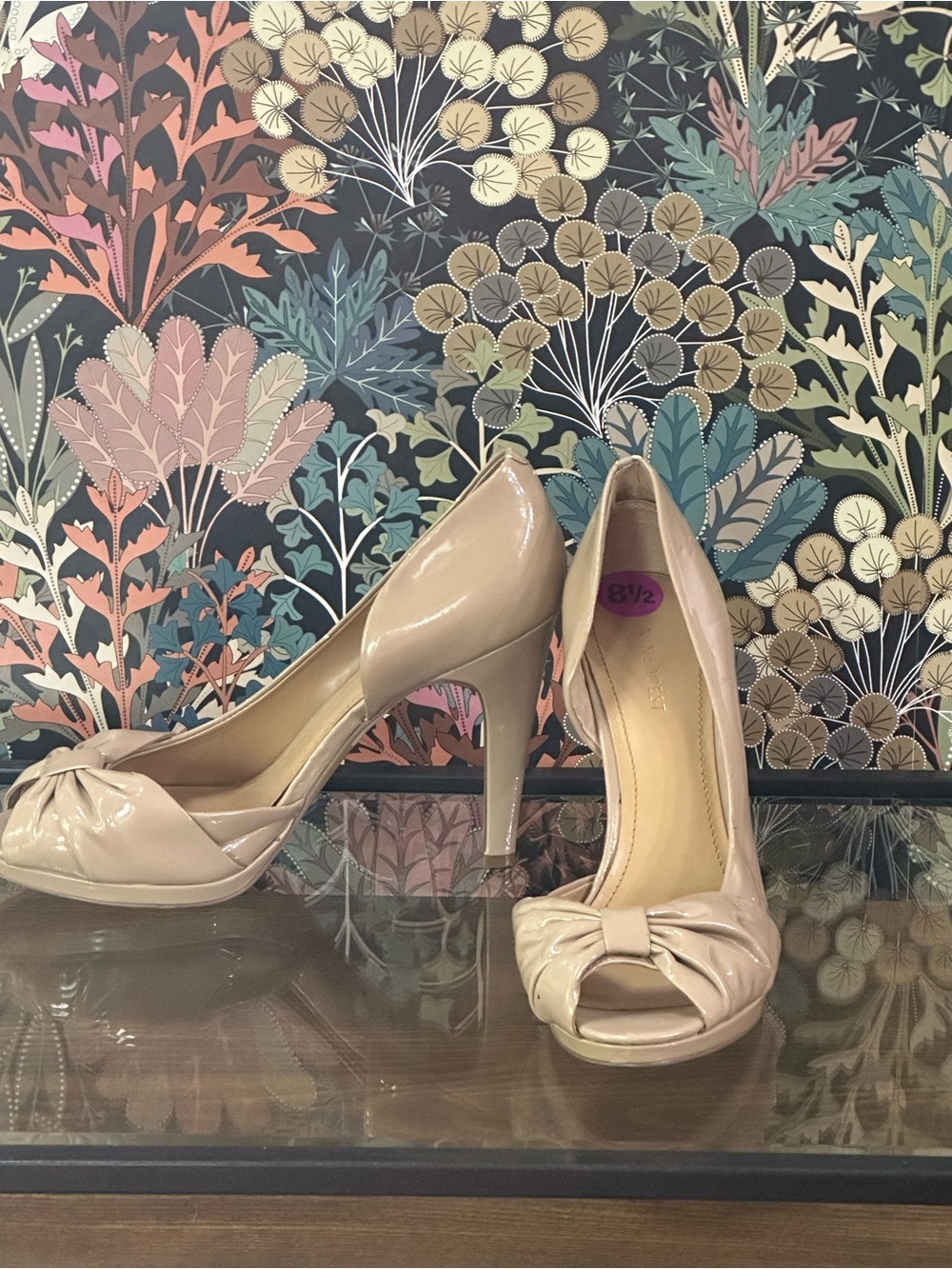 Nine West Nude Patent Peep-Toe High Heels with Bow
